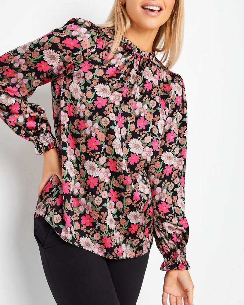 Black Floral Print Frill Neck Blouse