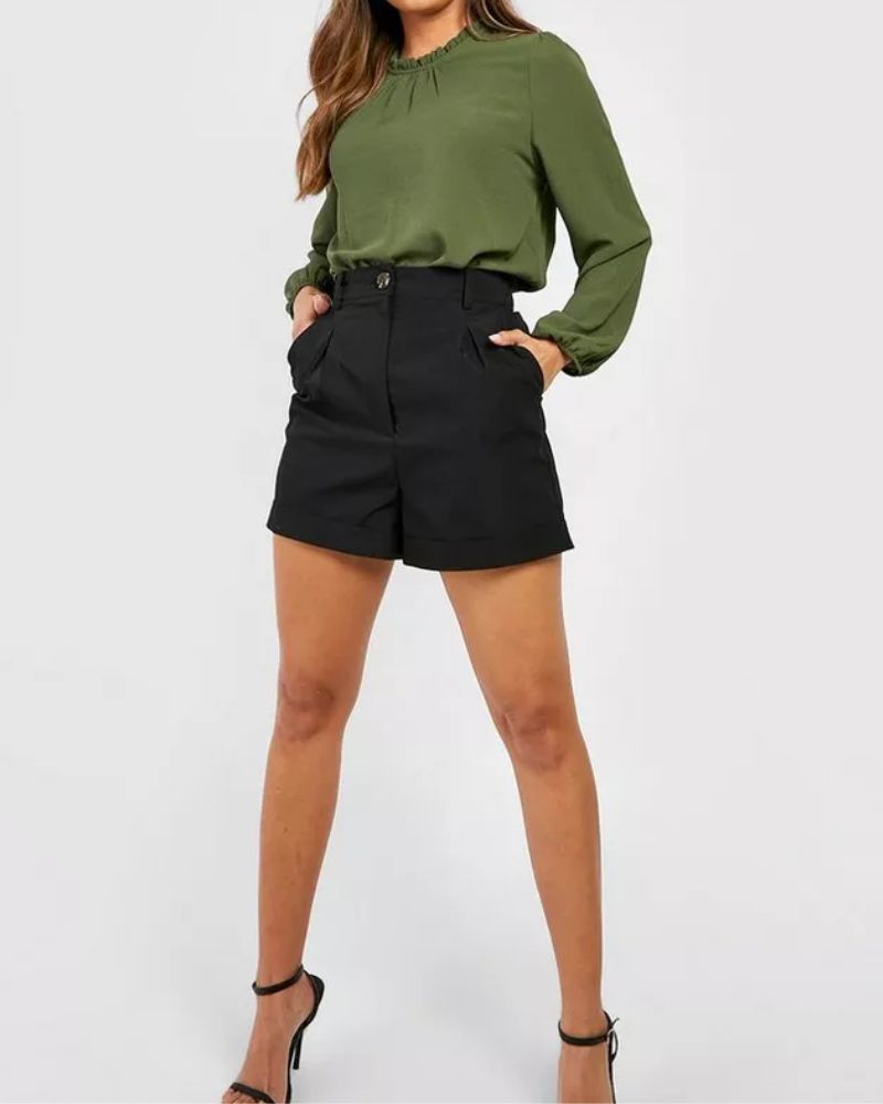 Khaki Frill Neck Long Sleeve Woven Blouse