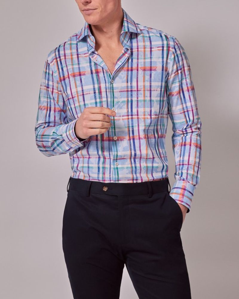 Blue Orange Jacquard Check Slim Shirt High Collar