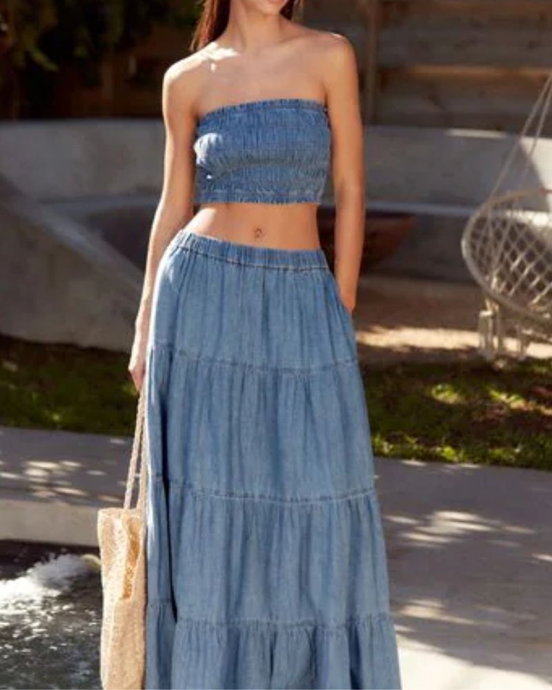 Blue Tiered Lightweight Denim Maxi Skirt